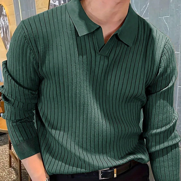 Dark green long sleeve slim fit ribbed knit polo by My Store, ideal for business-casual and layering.