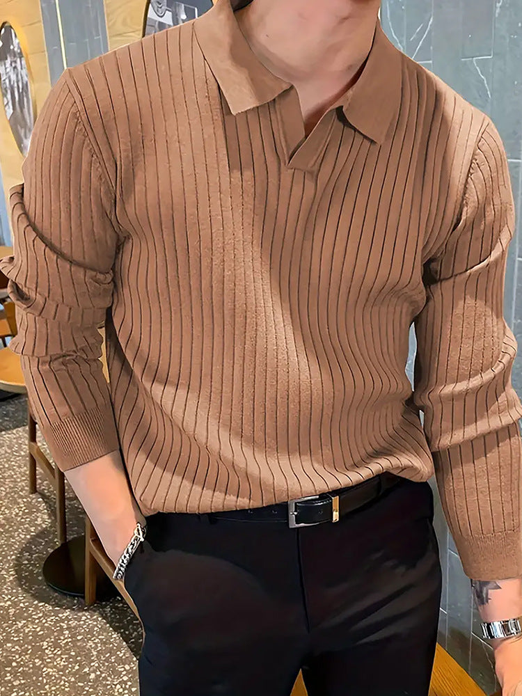 Textured Long Sleeve Polo Shirt - Slim Fit Ribbed Knit Polyester