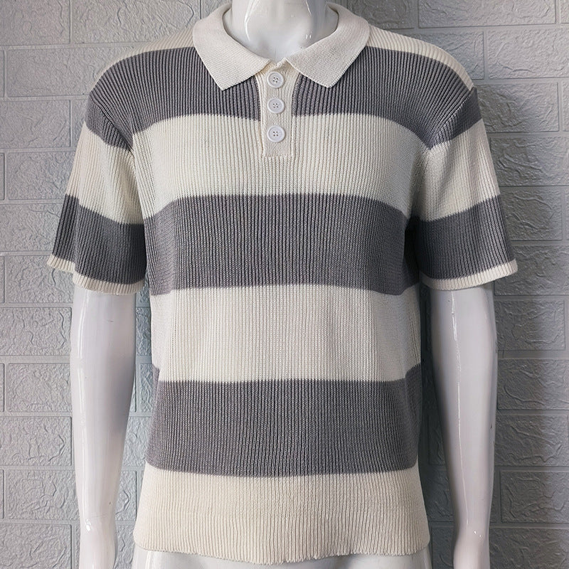 Beige and blue striped knit polo shirt with acrylic lapel collar, short sleeves, by My Store