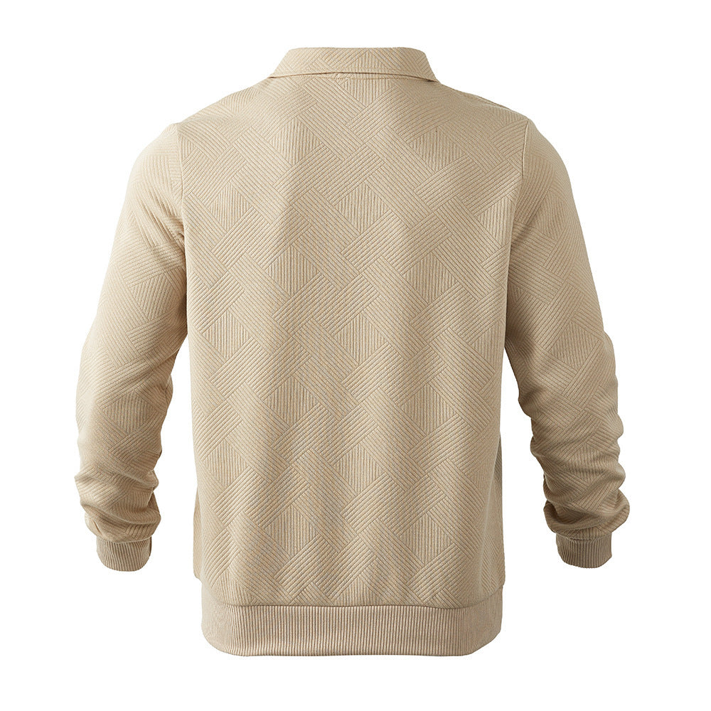White textured jacquard half-zip polo sweatshirt by My Store, featuring long sleeves and casual style.
