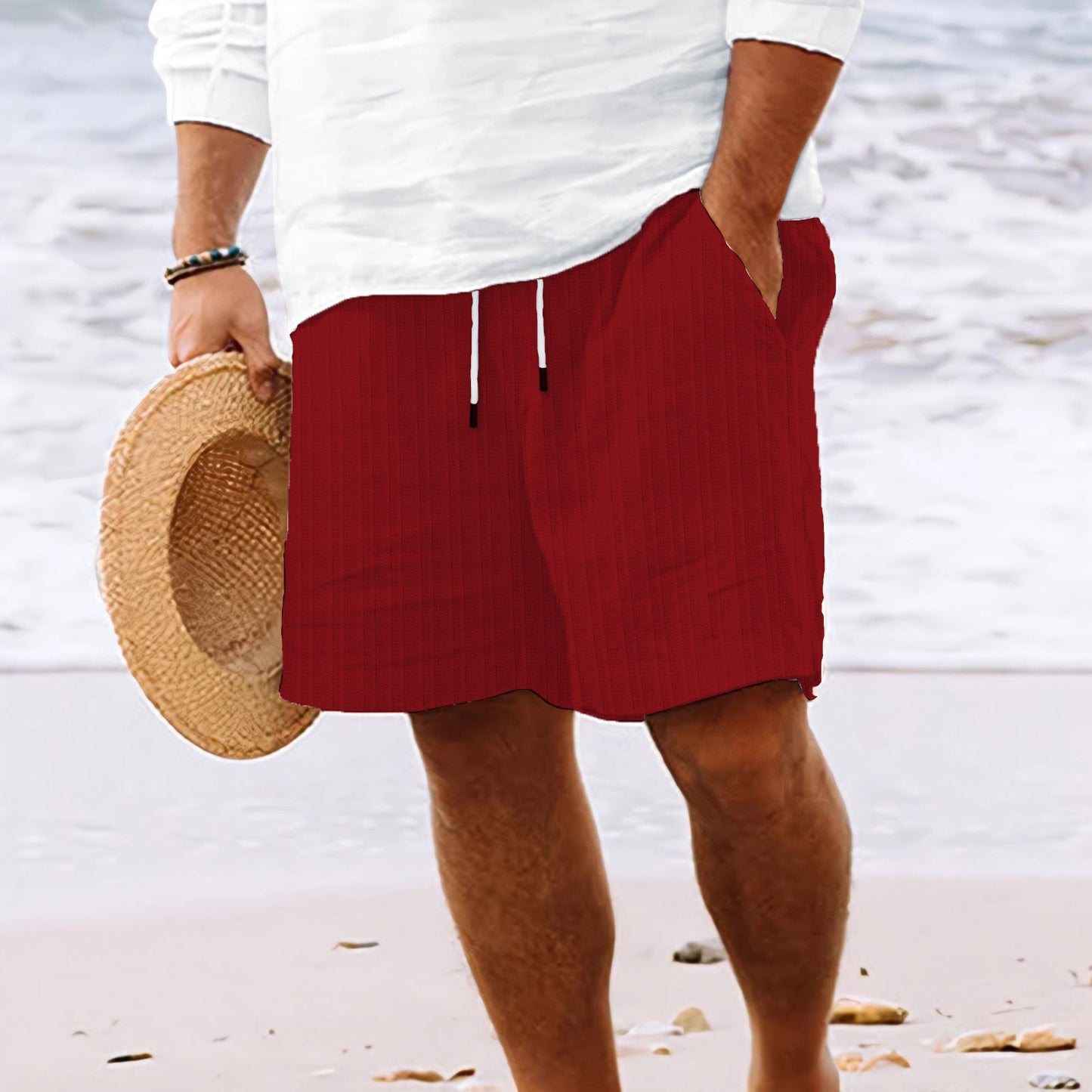 Men's Striped Bamboo Cotton Summer Shorts - Drawstring Casual