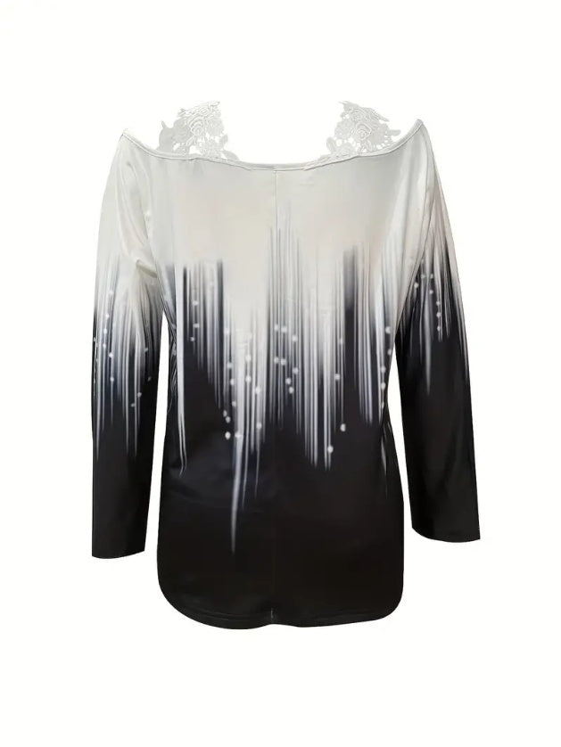 Black and white gradient lace off-shoulder long sleeve top by Alabaster, perfect for casual autumn layers.