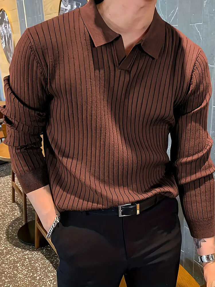 Textured Long Sleeve Polo Shirt - Slim Fit Ribbed Knit Polyester