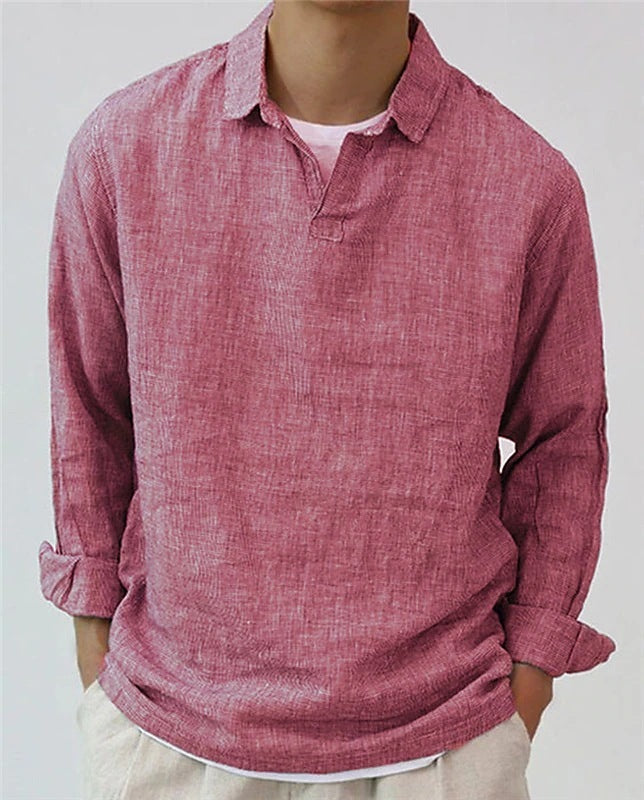 Rose red long sleeve lapel pullover shirt in breathable cotton blend by My Store