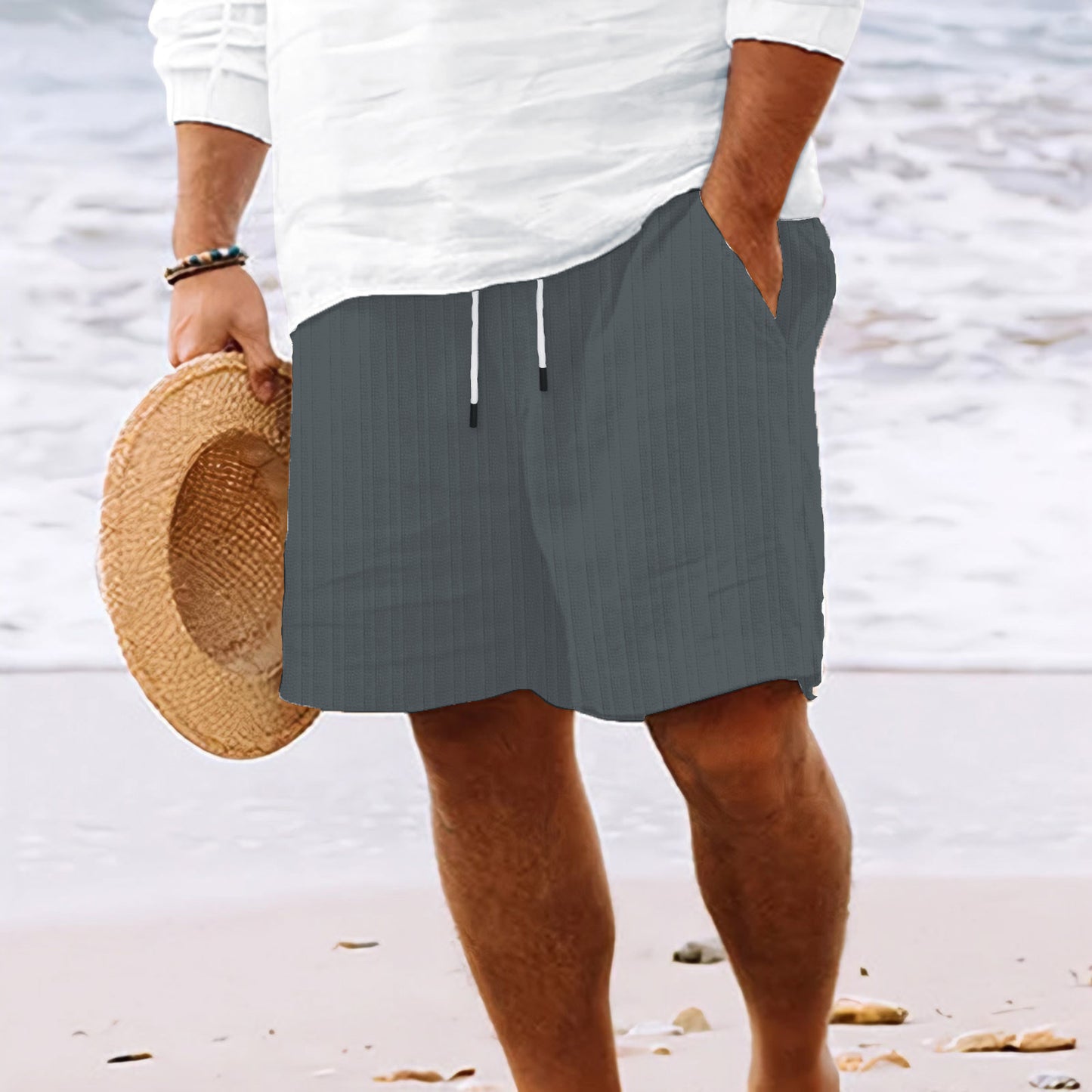 White stripe print summer shorts in breathable bamboo-cotton with drawstring waist by My Store