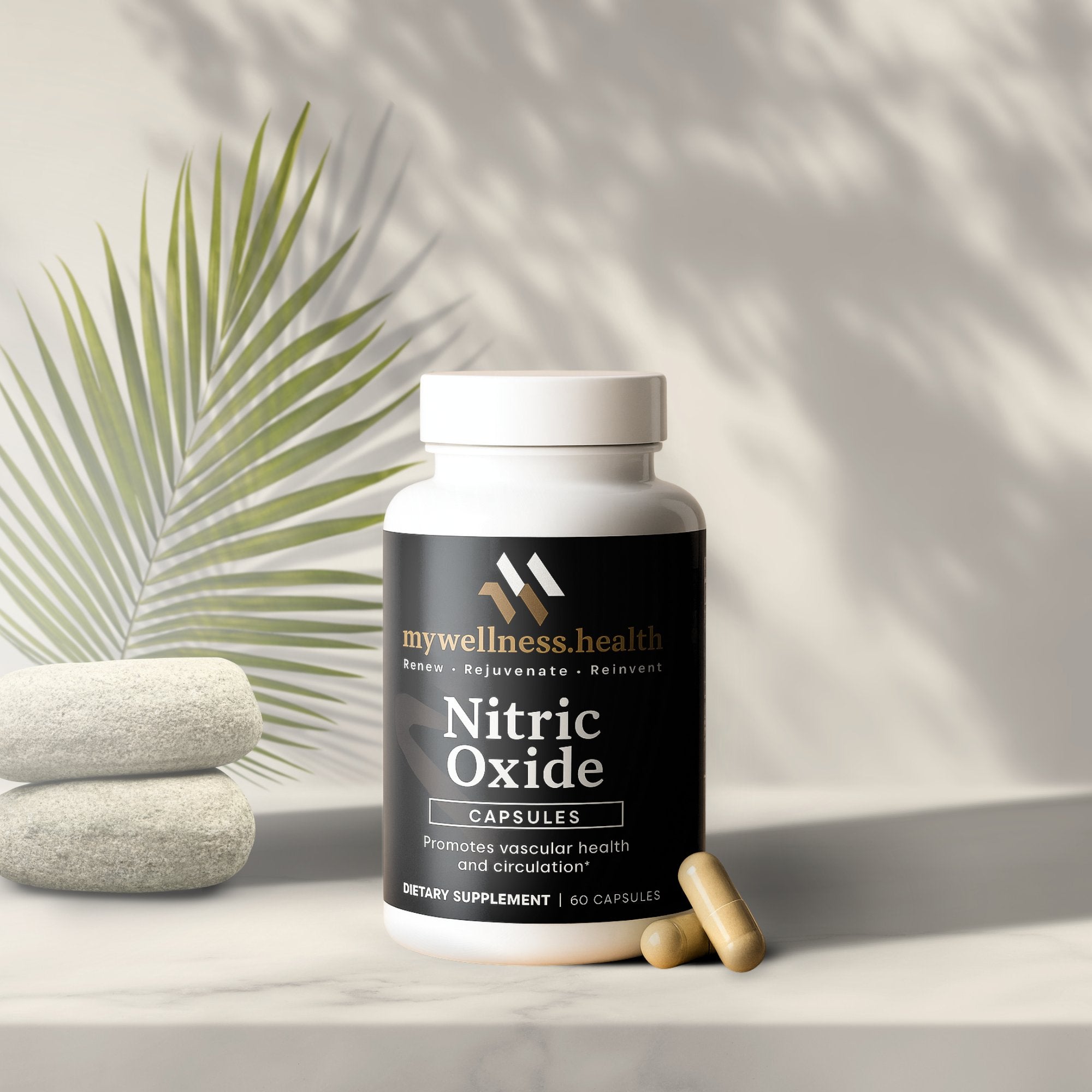 Black bottle of mywellness.health Alpha Energy capsules with 90 white capsules inside, promoting men's vitality and wellness