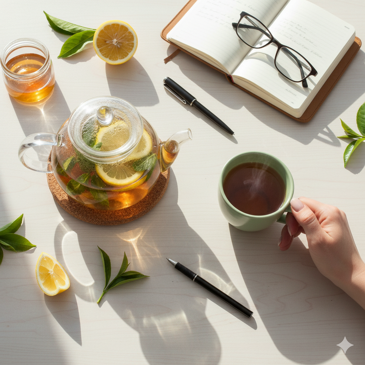 Glass teapot with lemon slices, green tea in a mug, notebook, and glasses on a light wooden table.