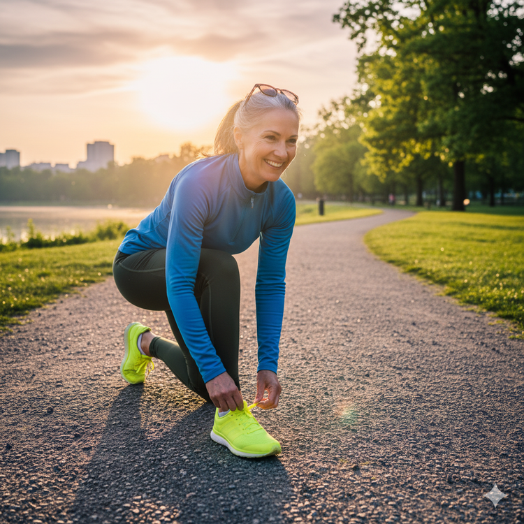 Blue long-sleeve athletic top and black leggings worn by a woman tying yellow running shoes outdoors at sunset.
