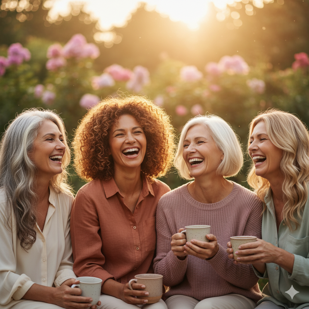 Group of four happy women of diverse ages enjoying tea outdoors, surrounded by a blooming garden at sunset.