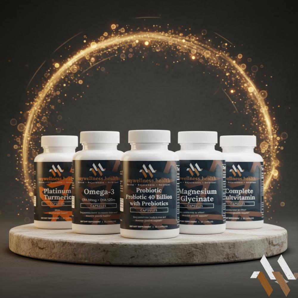 Best Sellers vitamin supplement bottles on wooden display, featuring Omega-3, Turmeric, Probiotics, Magnesium, and Multivita
