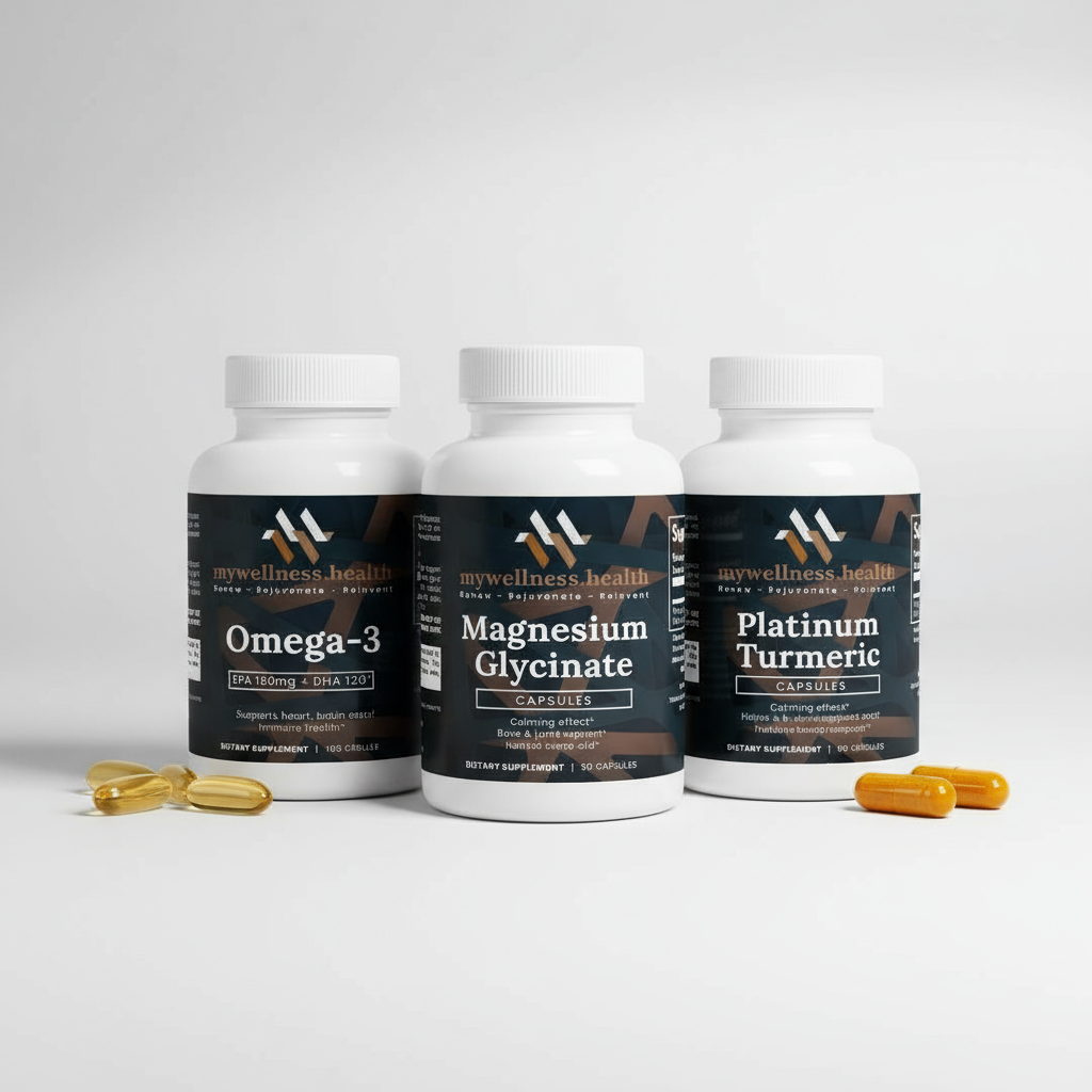 Black bottle of mywellness.health Alpha Energy capsules with 90 white capsules inside, promoting men's vitality and wellness