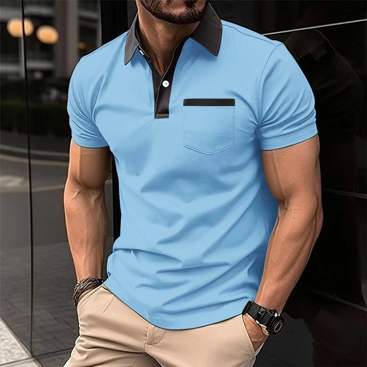 Yellow slim fit cotton blend polo shirt with lapel collar and chest pocket by My Store