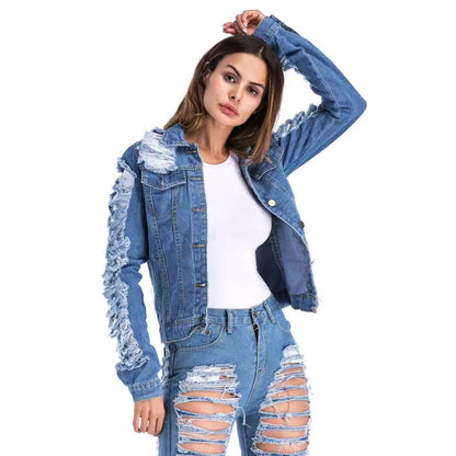 Distressed Blue Denim Fringe Jacket - Cropped Shredded Cotton