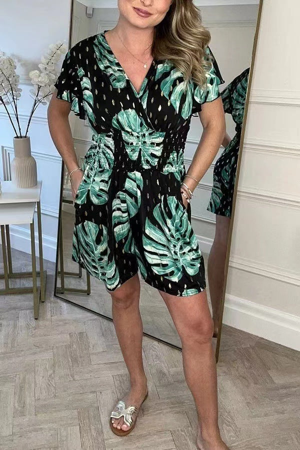Lightweight Tropical Leaf Print Jumpsuit - V-Neck Summer Romper