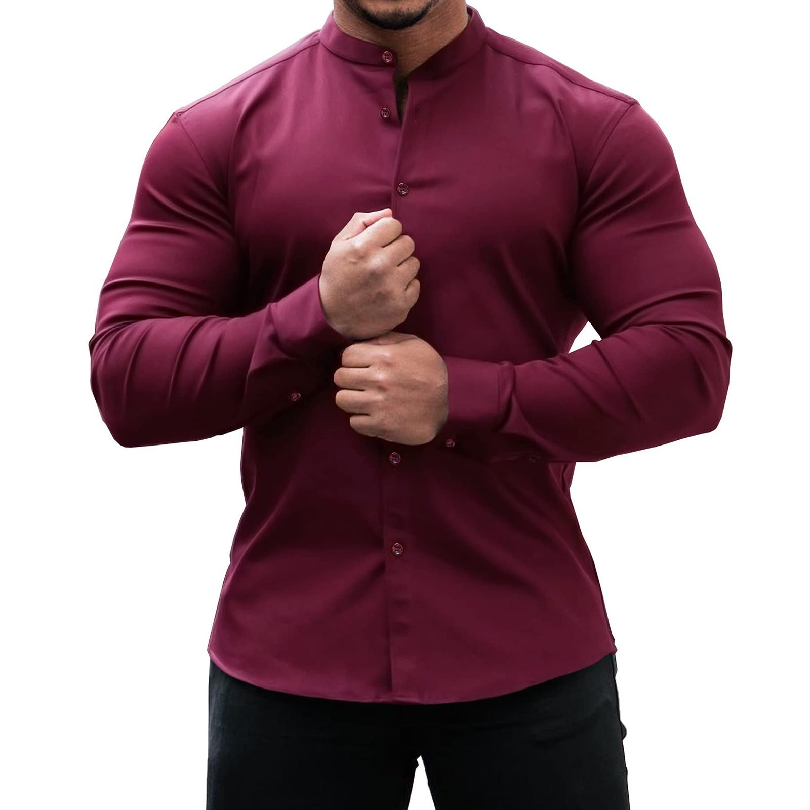 White slim fit polyester long sleeve mandarin collar shirt for men by My Store