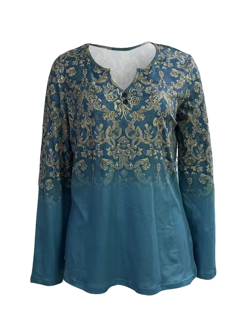 Teal boho vintage print long sleeve V-neck tee for women by Alabaster