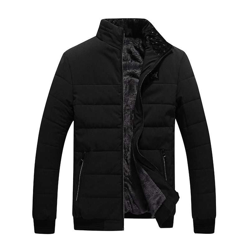 Black fleece-lined puffer jacket for men, casual cardigan-style, perfect for cold weather by My Store