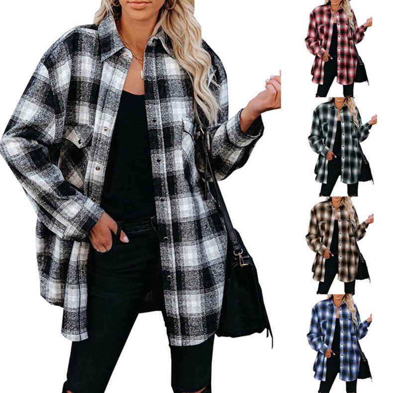 Alabaster plaid mid-length shirt jacket in black, perfect for casual fall layering.