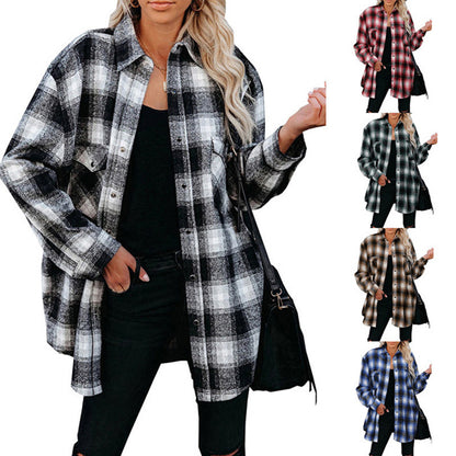 Alabaster plaid mid-length shirt jacket in black, perfect for casual fall layering.