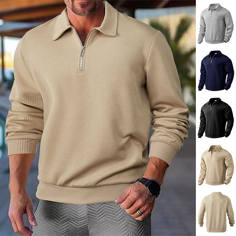 White textured jacquard half-zip polo sweatshirt by My Store, long sleeve, casual style, Asian sizing.