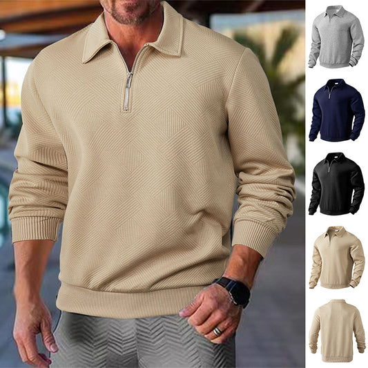 White textured jacquard half-zip polo sweatshirt by My Store, long sleeve, casual style, Asian sizing.