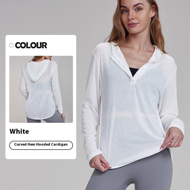 Kaki brown hooded long sleeve yoga top with curved hem and button-front by Alabaster, made for breathable comfort.