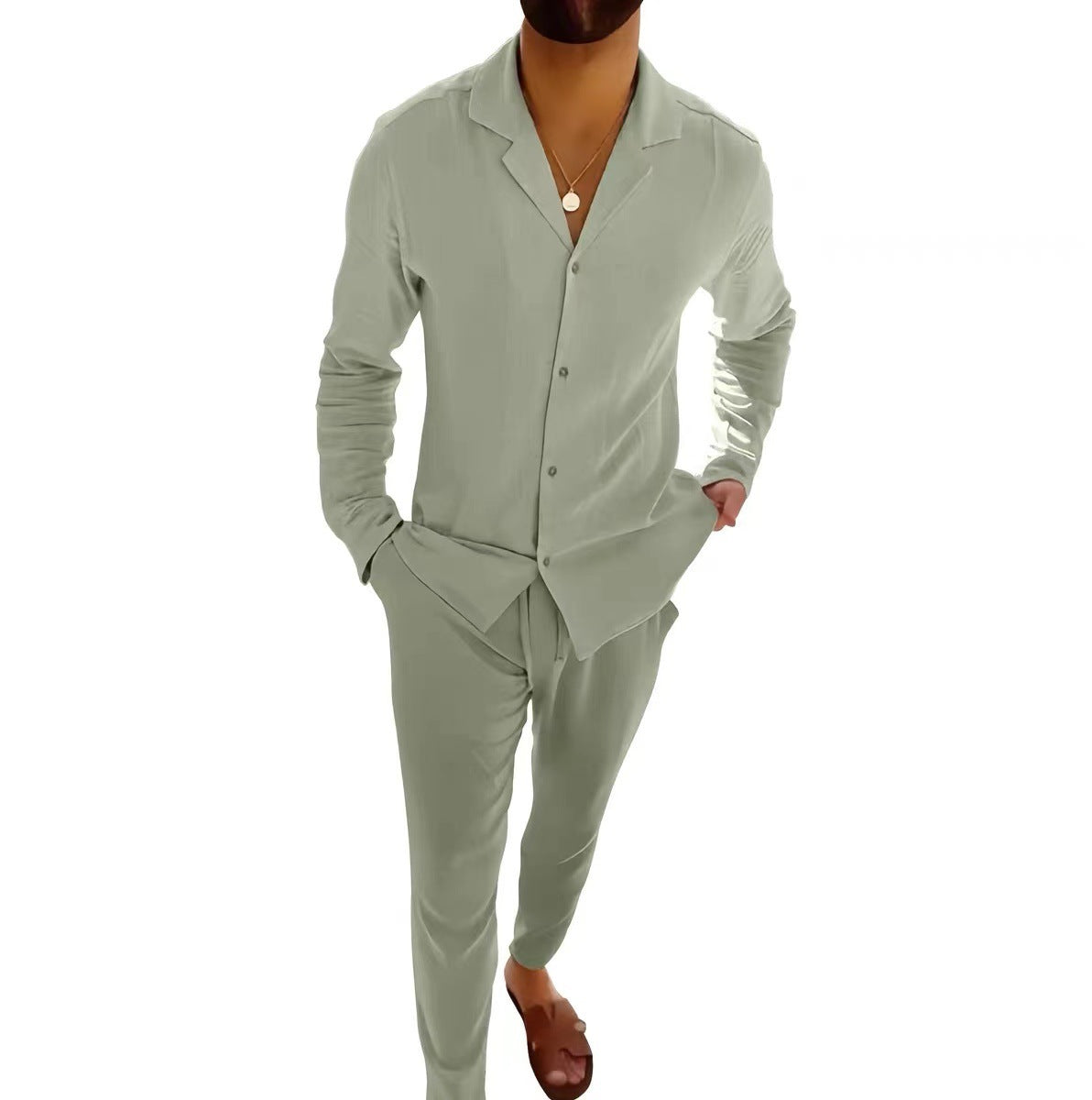 Beige cotton long sleeve lapel shirt and slim fit pants set for men by My Store, ideal for autumn business-casual wear.