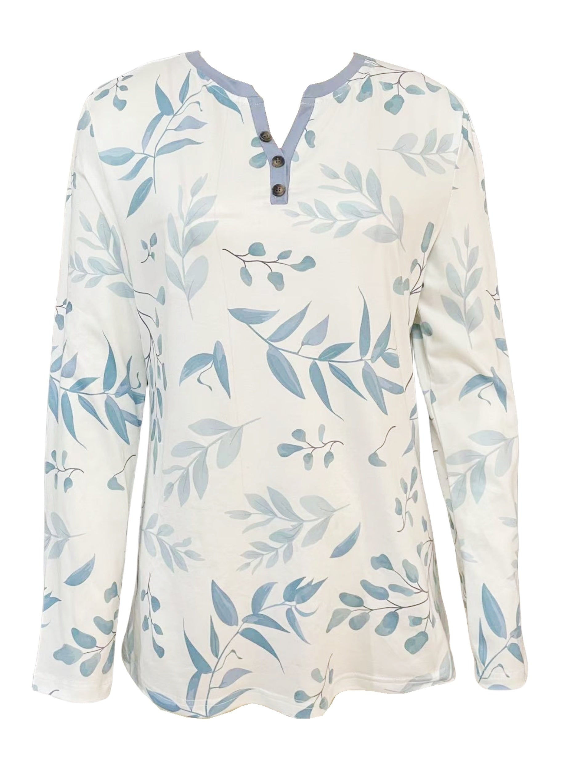 Blue and white botanical leaf print long sleeve tee with button front by Alabaster