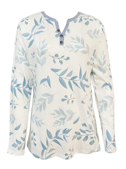 Blue and white botanical leaf print long sleeve tee with button front by Alabaster