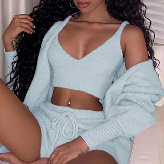 White velvet 3-piece pajama set with cardigan by Alabaster, featuring cozy and comfortable design.