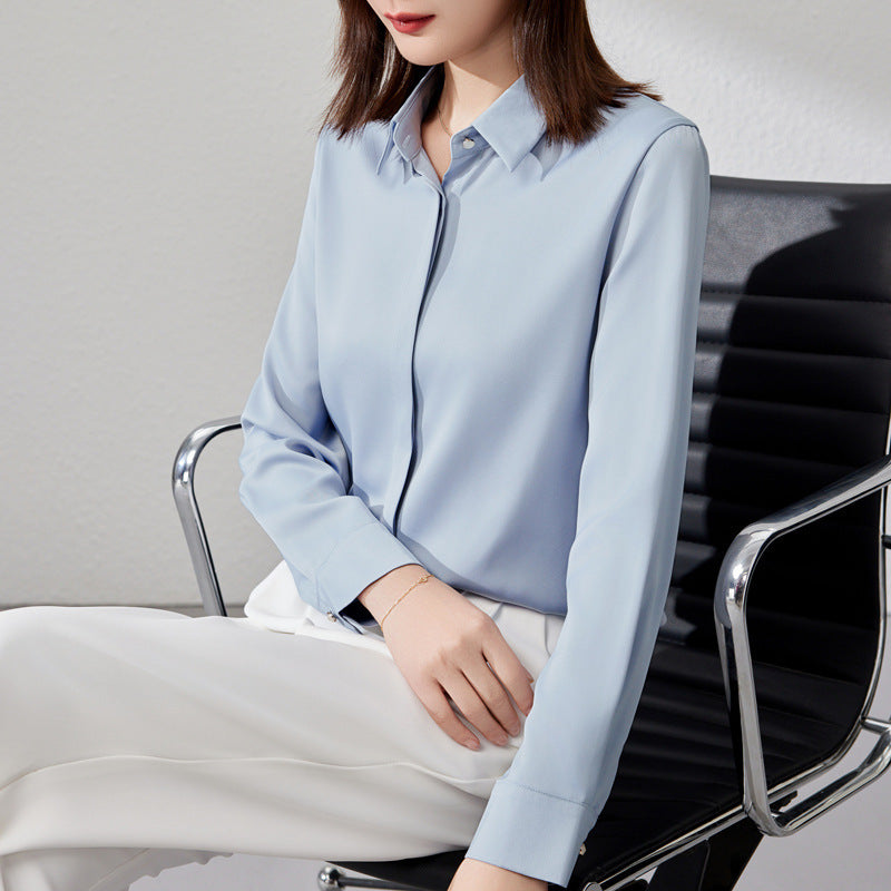 White satin button-down blouse by Alabaster, featuring a professional design and available in sizes S, M, and L.