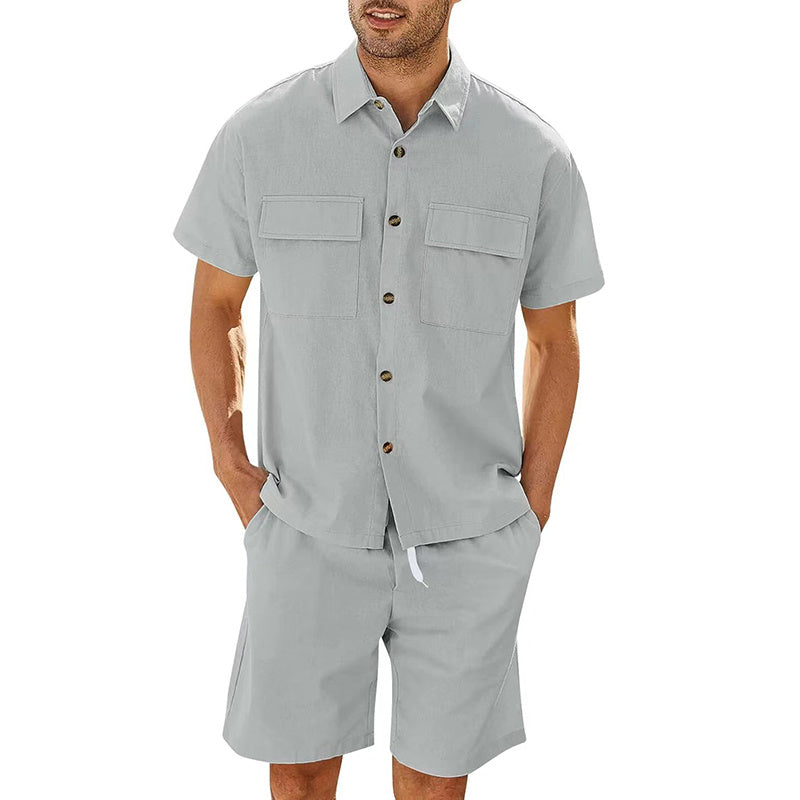 Summer Two-Piece Suit for Men – Short Sleeve Shirt & Drawstring Shorts