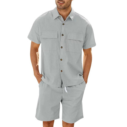 Summer Two-Piece Suit for Men – Short Sleeve Shirt & Drawstring Shorts