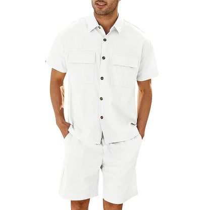 Summer Two-Piece Suit for Men – Short Sleeve Shirt & Drawstring Shorts