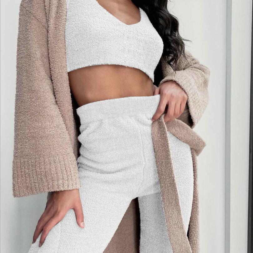 White velvet 3-piece pajama set with cardigan by Alabaster, featuring a cozy and comfortable design.