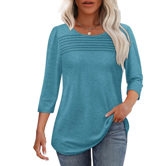 Soft Pleated 3/4 Sleeve Top - Polyester Blend Round Neck Pullover