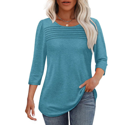 Soft Pleated 3/4 Sleeve Top - Polyester Blend Round Neck Pullover