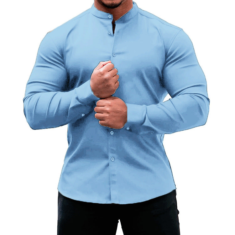 White slim fit polyester long sleeve mandarin collar shirt for men by My Store