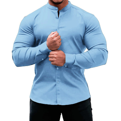 White slim fit polyester long sleeve mandarin collar shirt for men by My Store