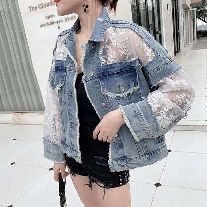 Lightweight Denim Lace Jacket - Blue Wash Sheer Statement