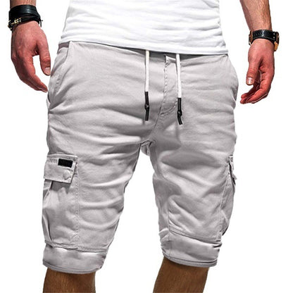 Men's black cargo jogger shorts with drawstring waist and multiple pockets