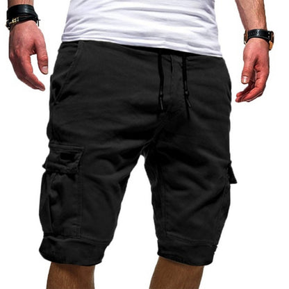 Men's black cargo jogger shorts with drawstring waist and multiple pockets by My Store