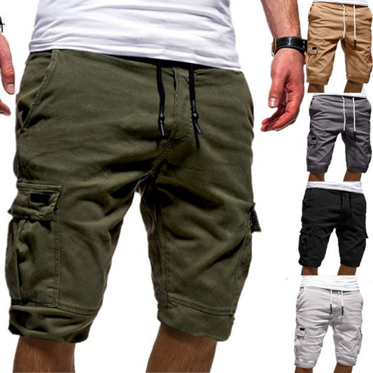 Men's black cargo jogger shorts with drawstring waist and multiple pockets by My Store