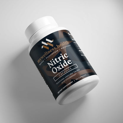 White container of mywellness.health Nitric Oxide Supplement with L-Arginine & L-Citrulline for blood flow support