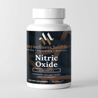 White container of mywellness.health Nitric Oxide Supplement with L-Arginine & L-Citrulline for blood flow support