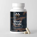 White nitric oxide supplement bottle with clean-label design by mywellness.health, allergen-free