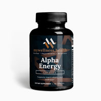 Green bottle of Alpha Energy natural male enhancement supplement by mywellness.health with allergen-free capsules