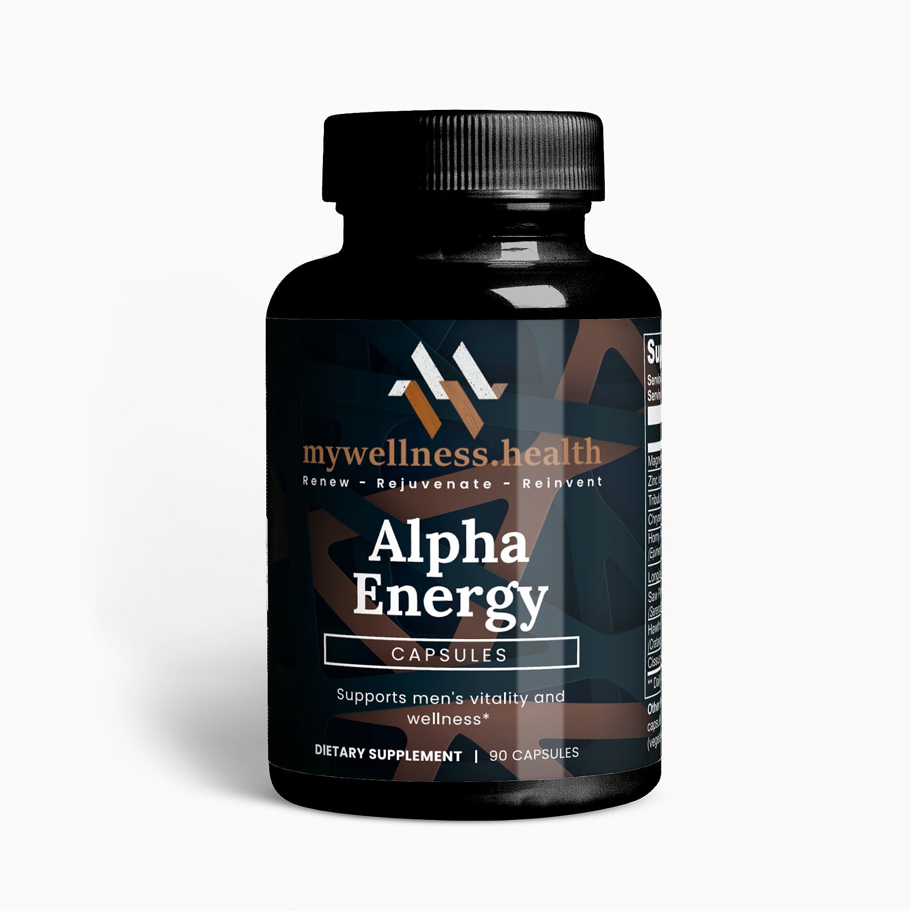 Green bottle of Alpha Energy natural male enhancement supplement by mywellness.health with allergen-free capsules