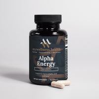 Green bottle of Alpha Energy natural male enhancement supplement with allergen-free capsules and clean label