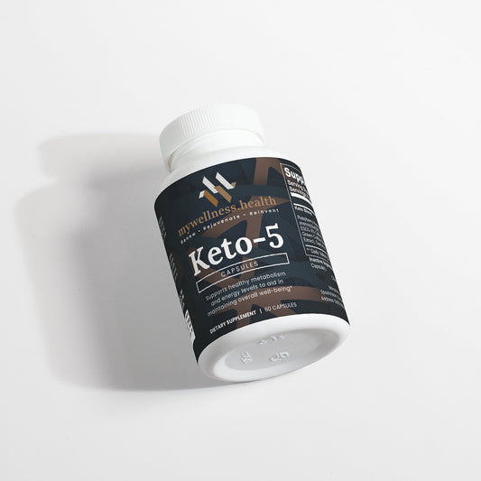 Keto-5 Natural Ketosis Fat Burner Supplement capsules in a clear bottle by mywellness.health, featuring a clean formula.